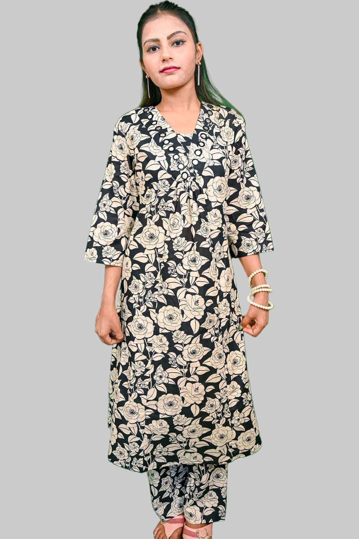 Black cord-set pure cotton kurti mirror on neck