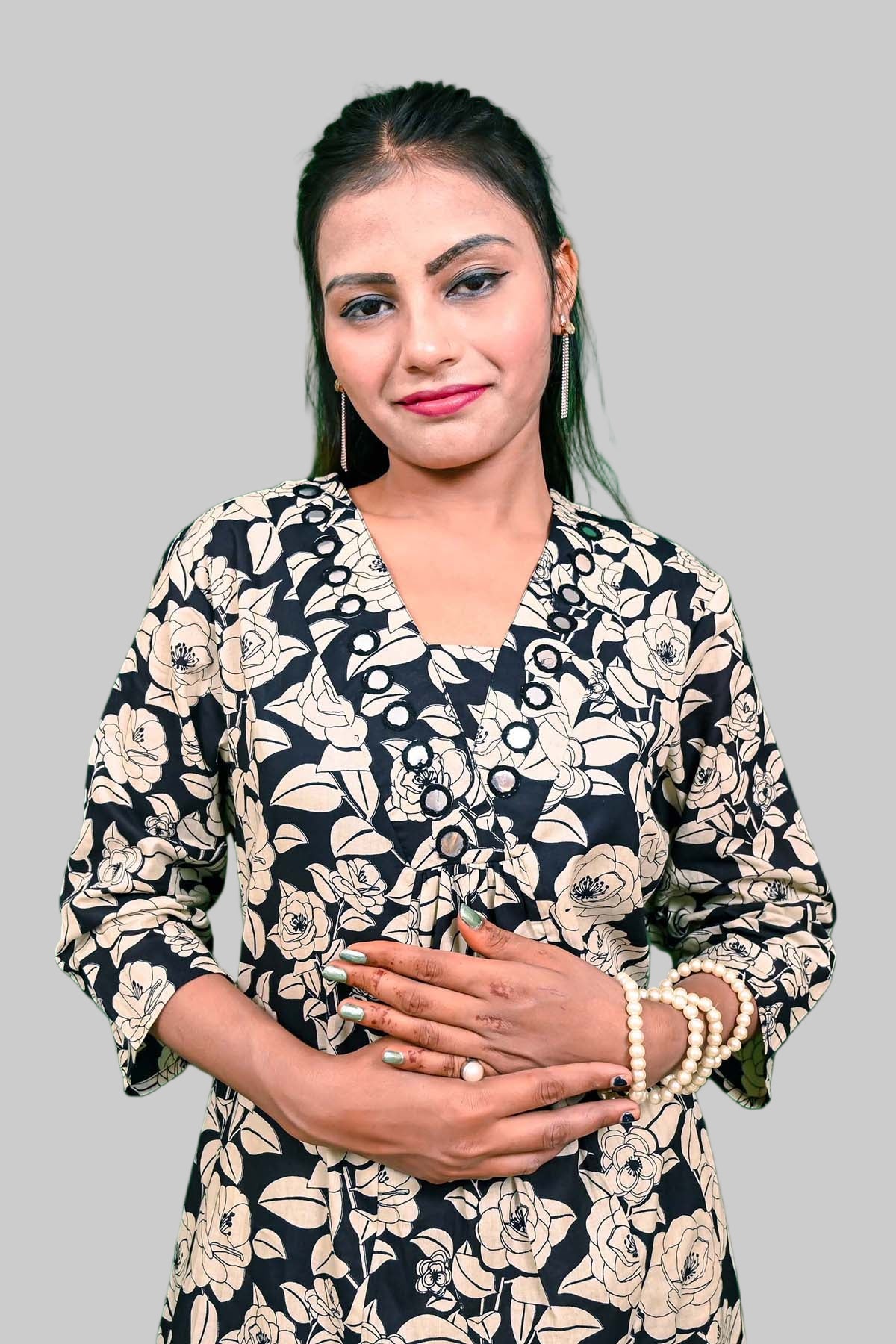 Black cord-set pure cotton kurti mirror on neck