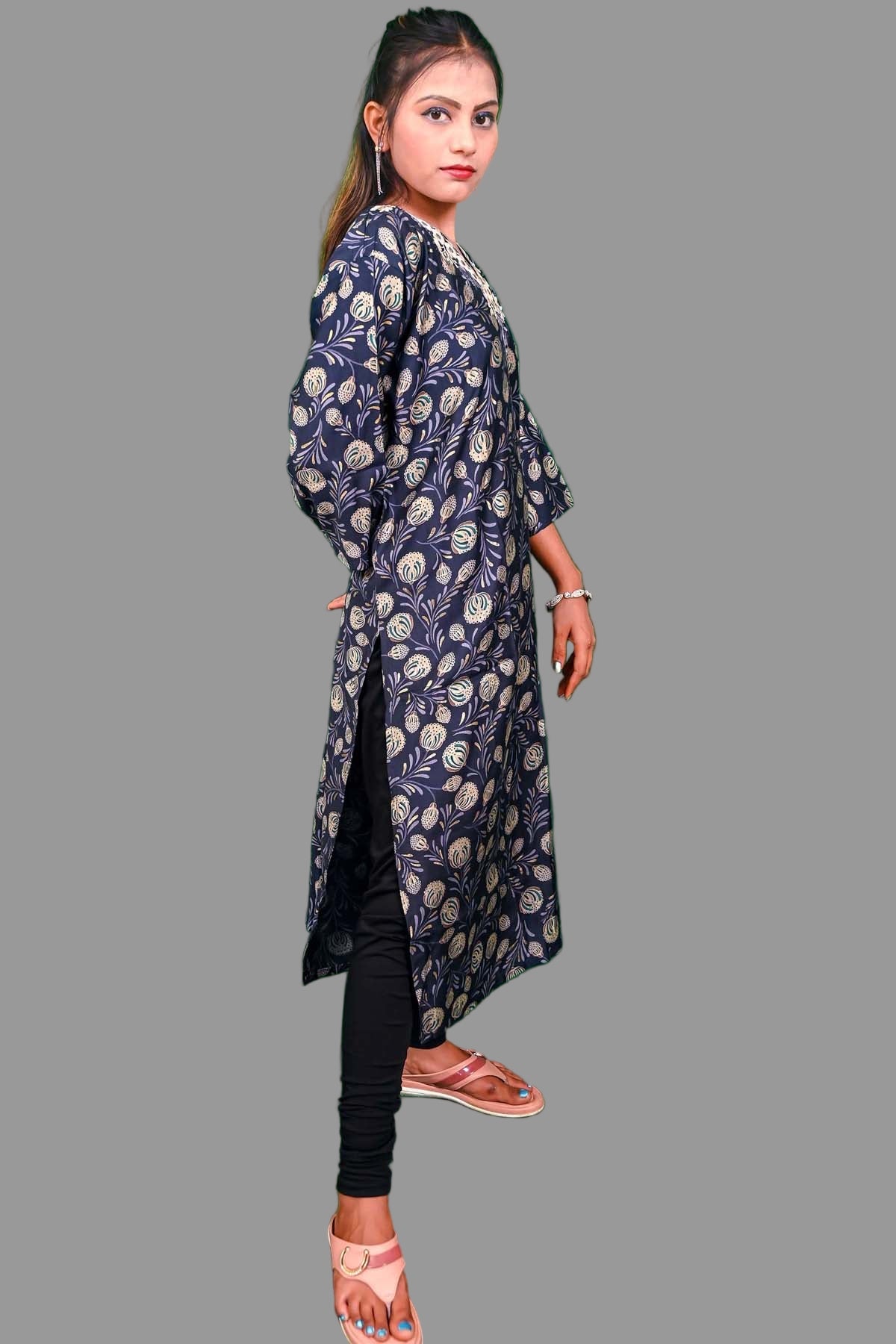 navy bluekurti with golden floral print & cream embroidered neckline