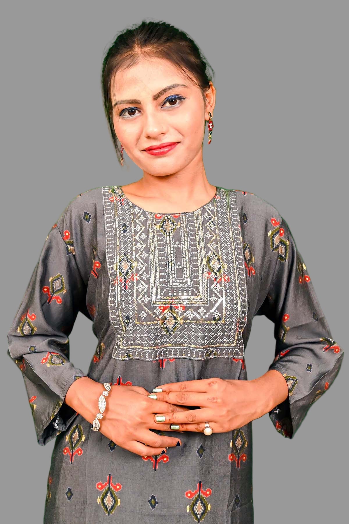 charcoal grey designer kurti with golden sequin embroidery