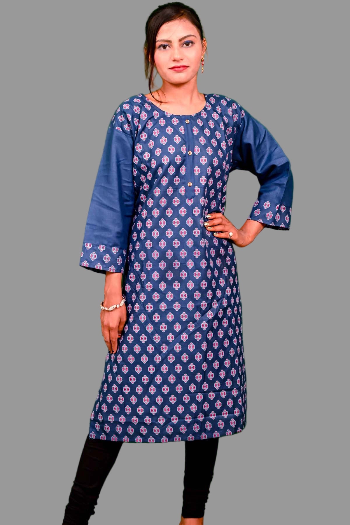 denim blue floral print kurti