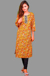 mustard yellow kurti with black embroidered neckline