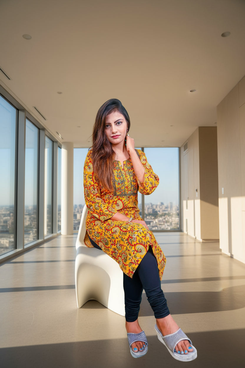 mustard yellow kurti with black embroidered neckline