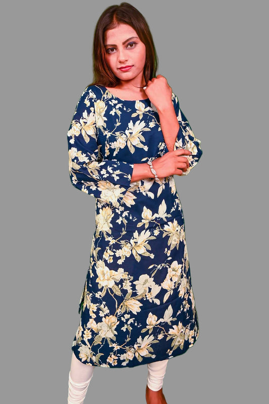 trendy navy blue cotton floral kurti