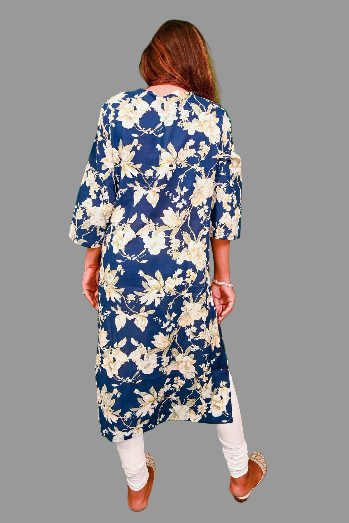 trendy navy blue cotton floral kurti