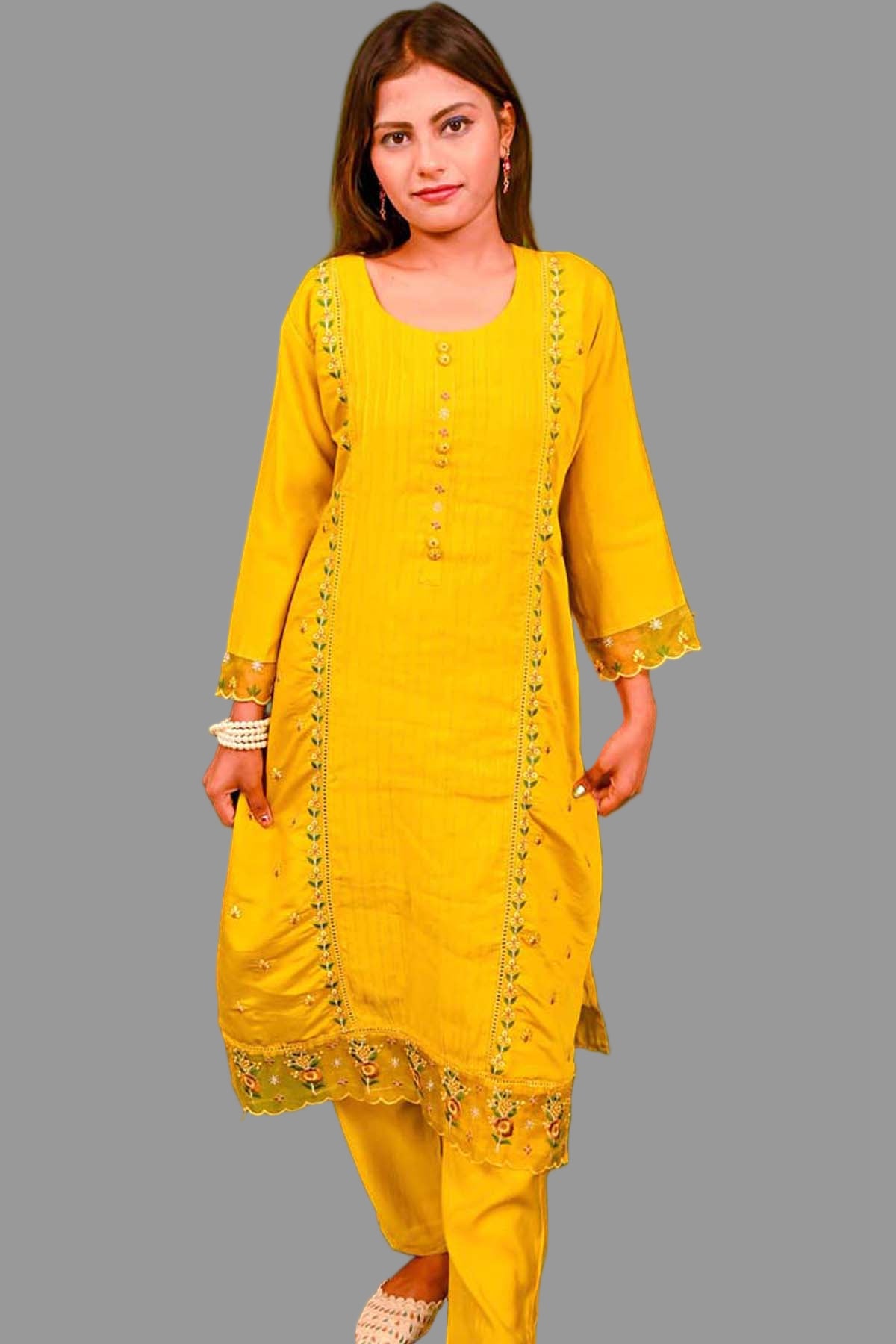 elegent yellow cotton kurti set with lace detailing
