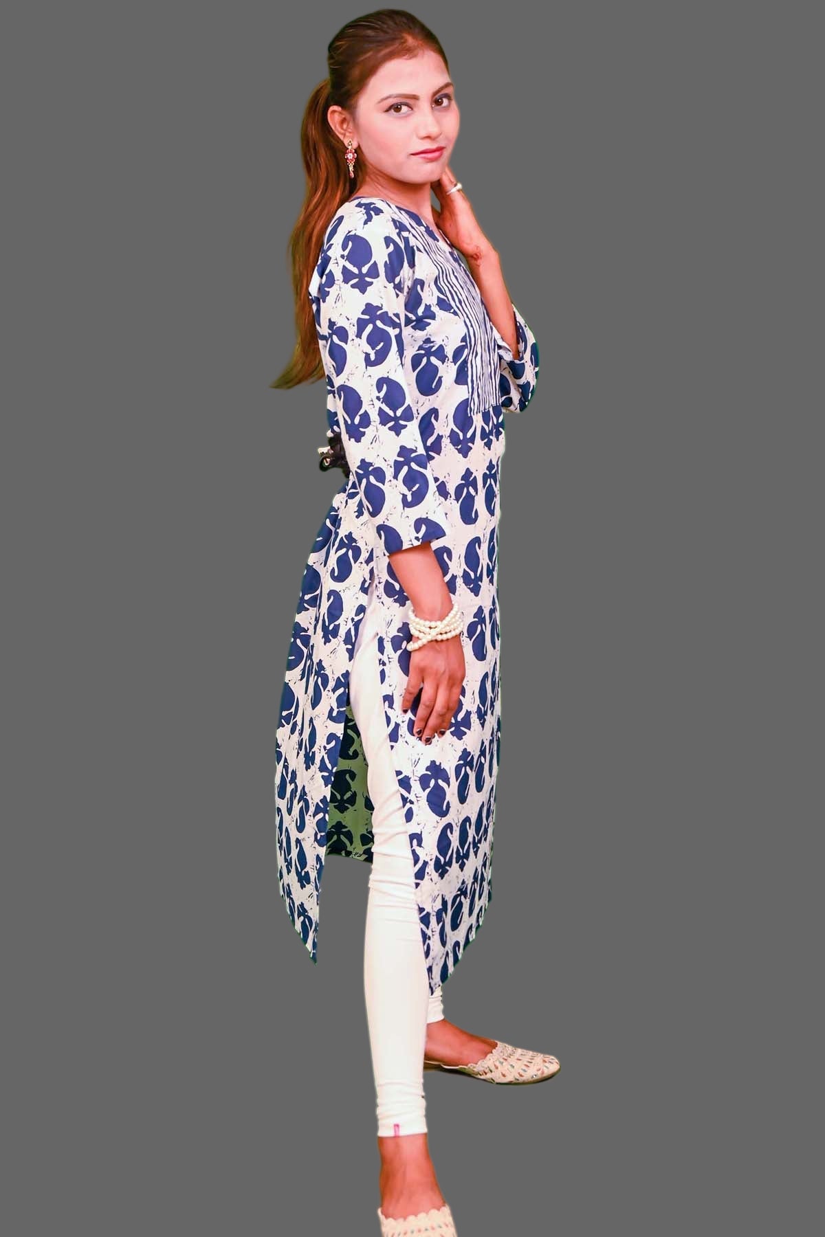 stylist white kurti with navy blue floral & stripe print