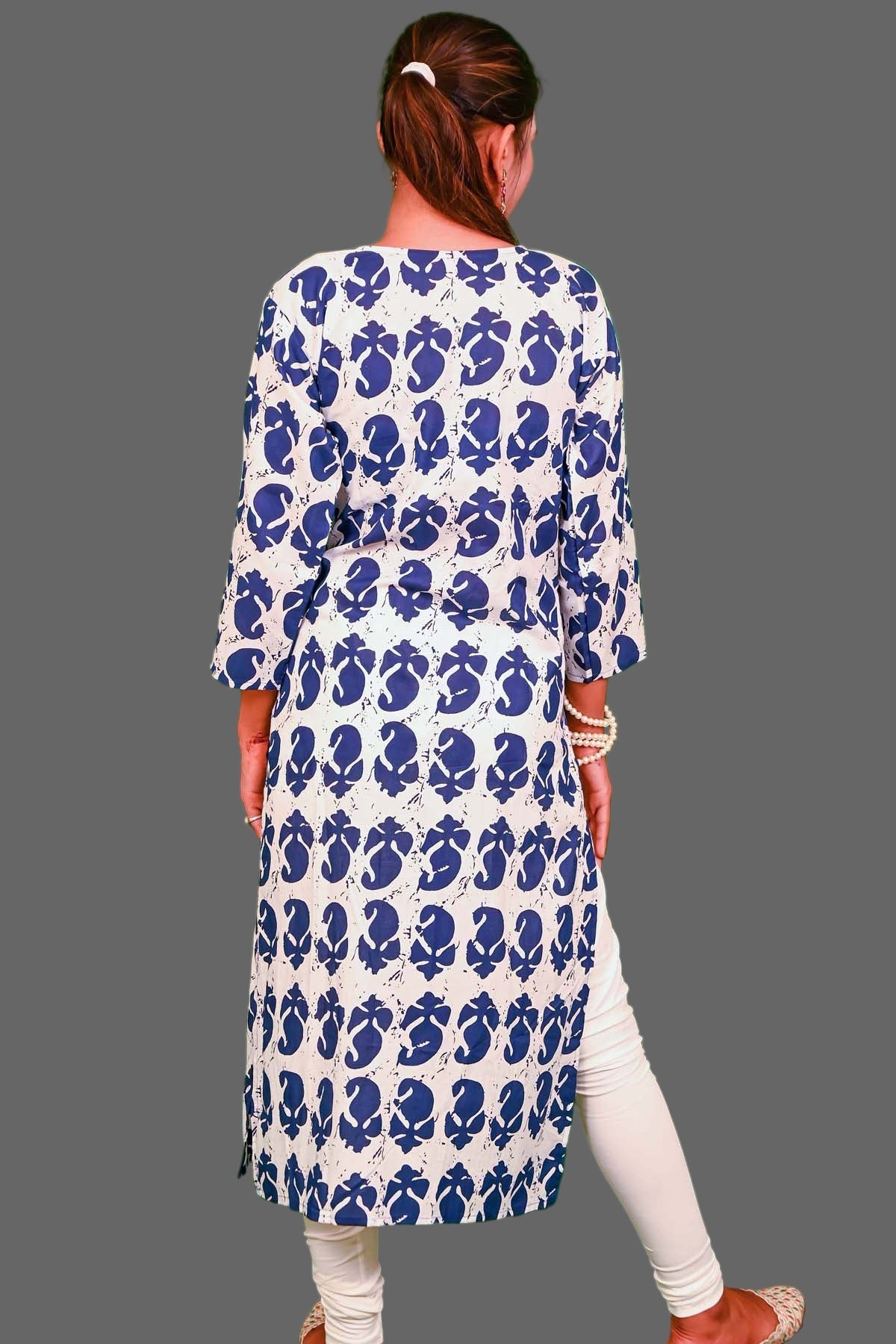 stylist white kurti with navy blue floral & stripe print