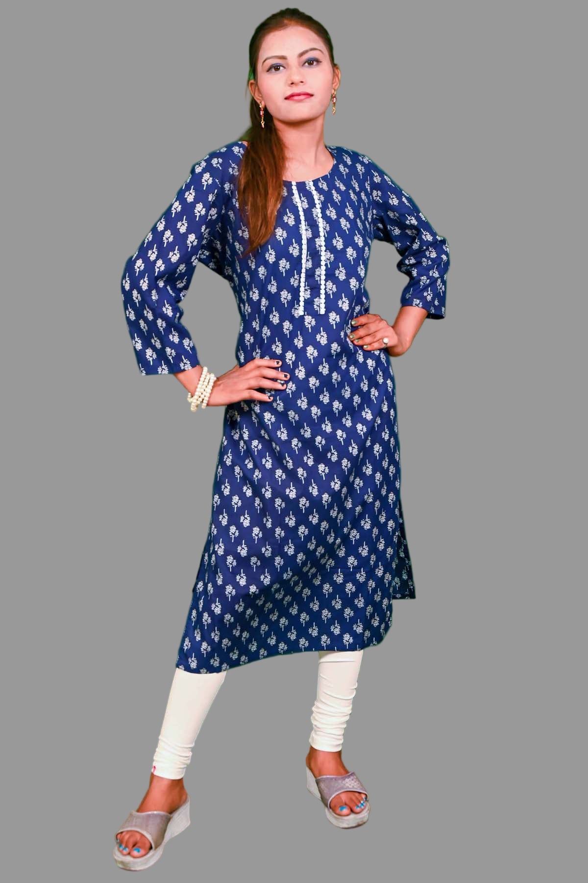 navy blue printed kurti with white detailing