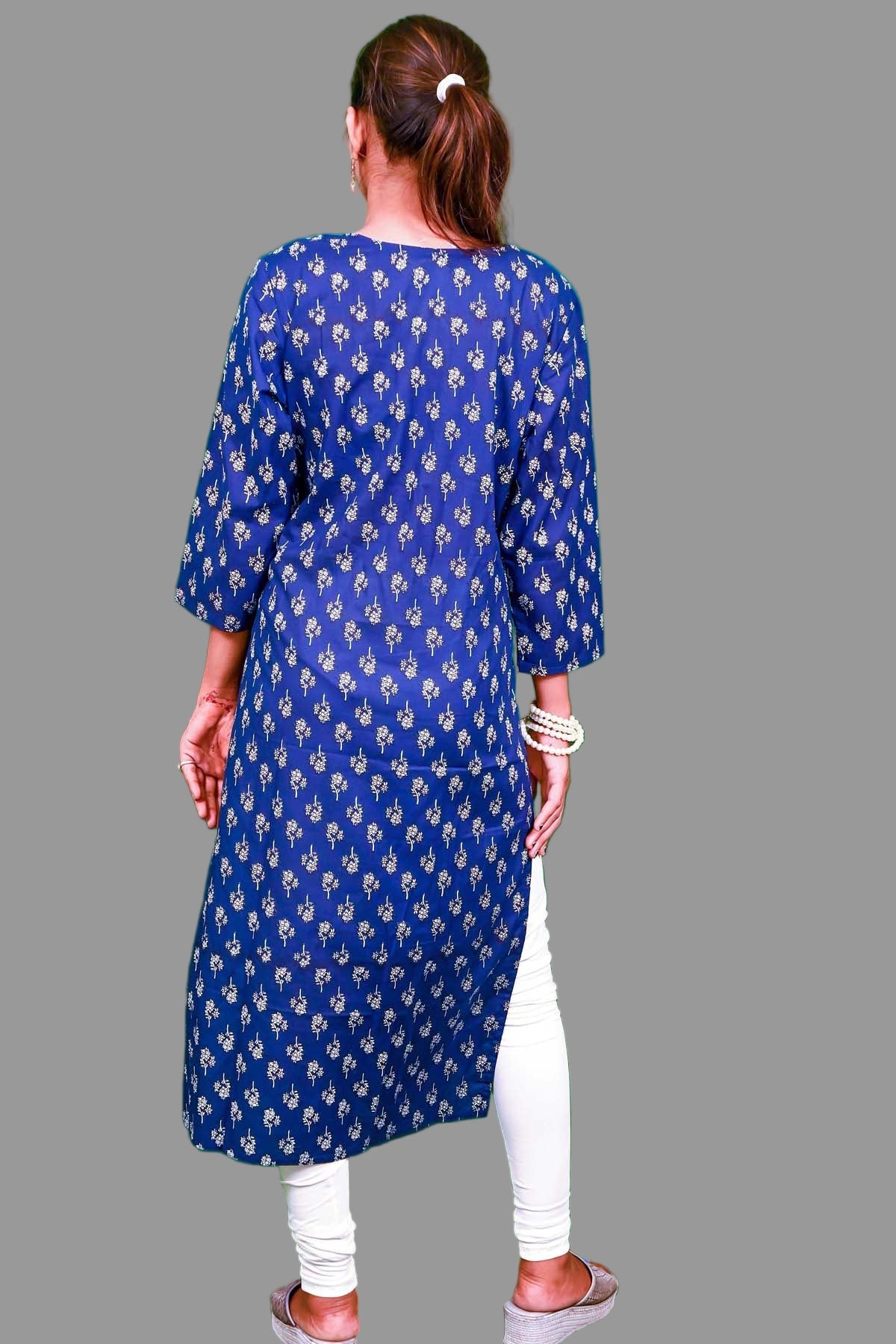 navy blue printed kurti with white detailing