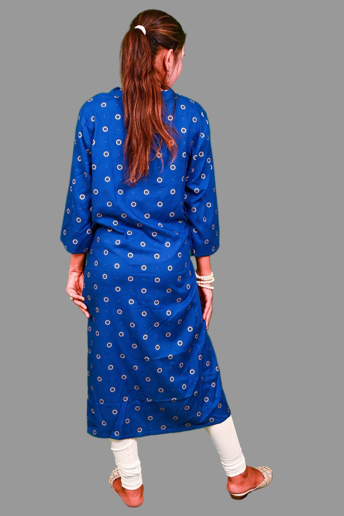 royal blue kurti with golden printed motifs