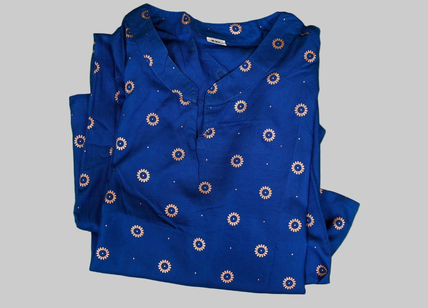 royal blue kurti with golden printed motifs