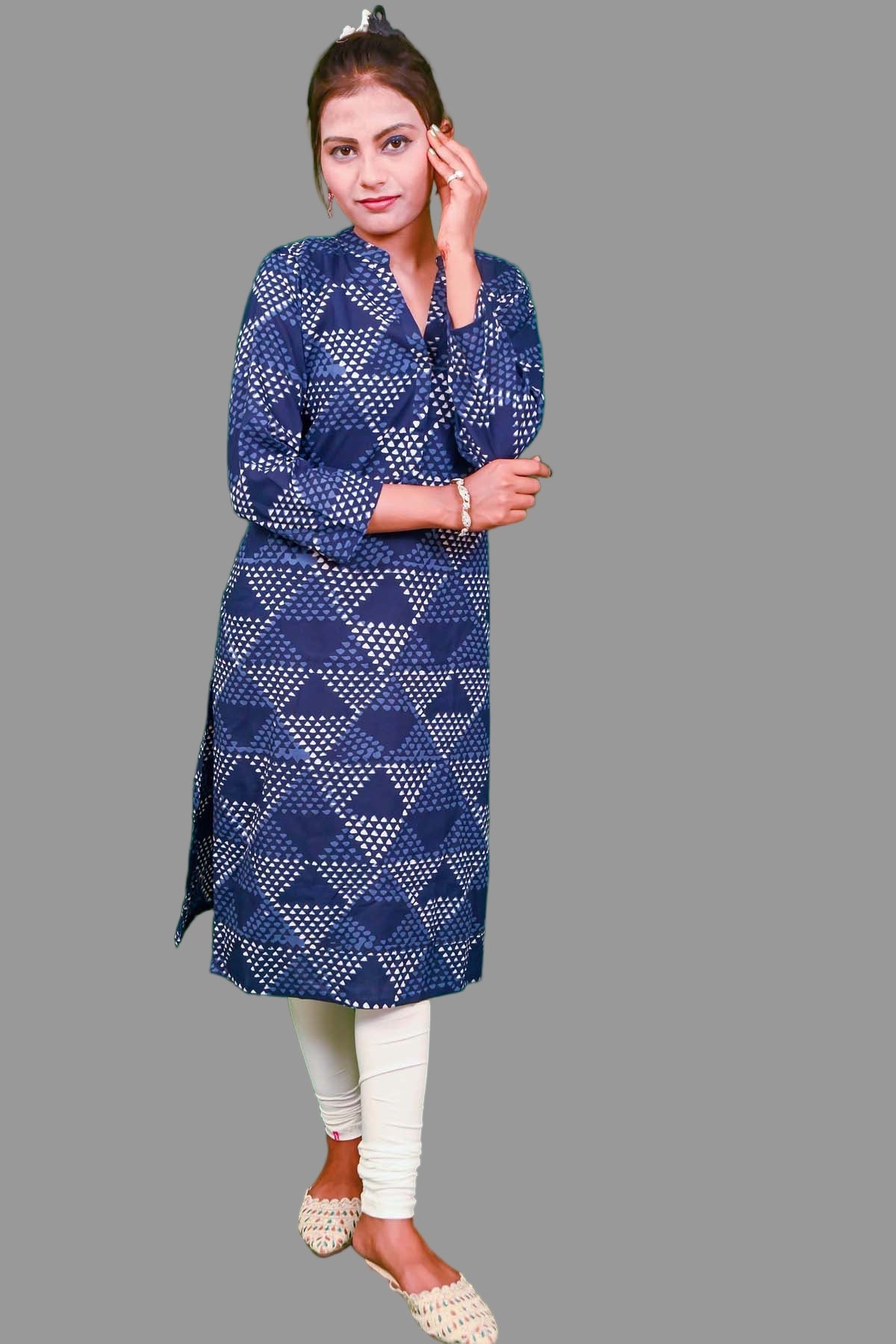 trendy navy blue cotton kurti with triangle print