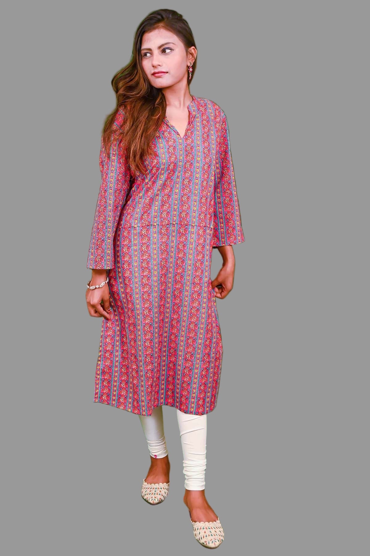 print floral printed kurti with multicolor stripes