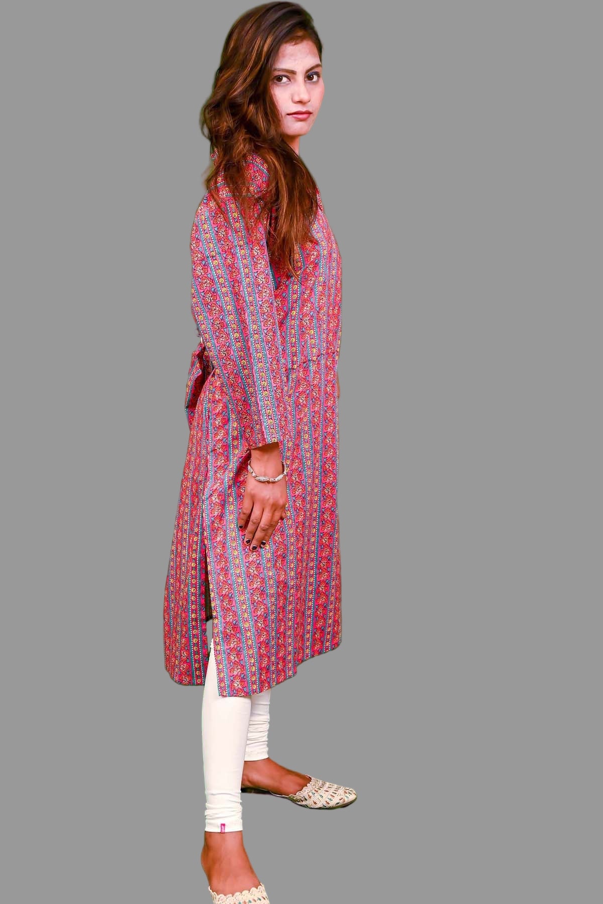 print floral printed kurti with multicolor stripes