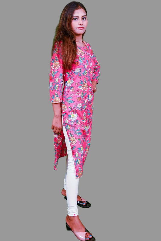 Pink and white floral cotton kurti