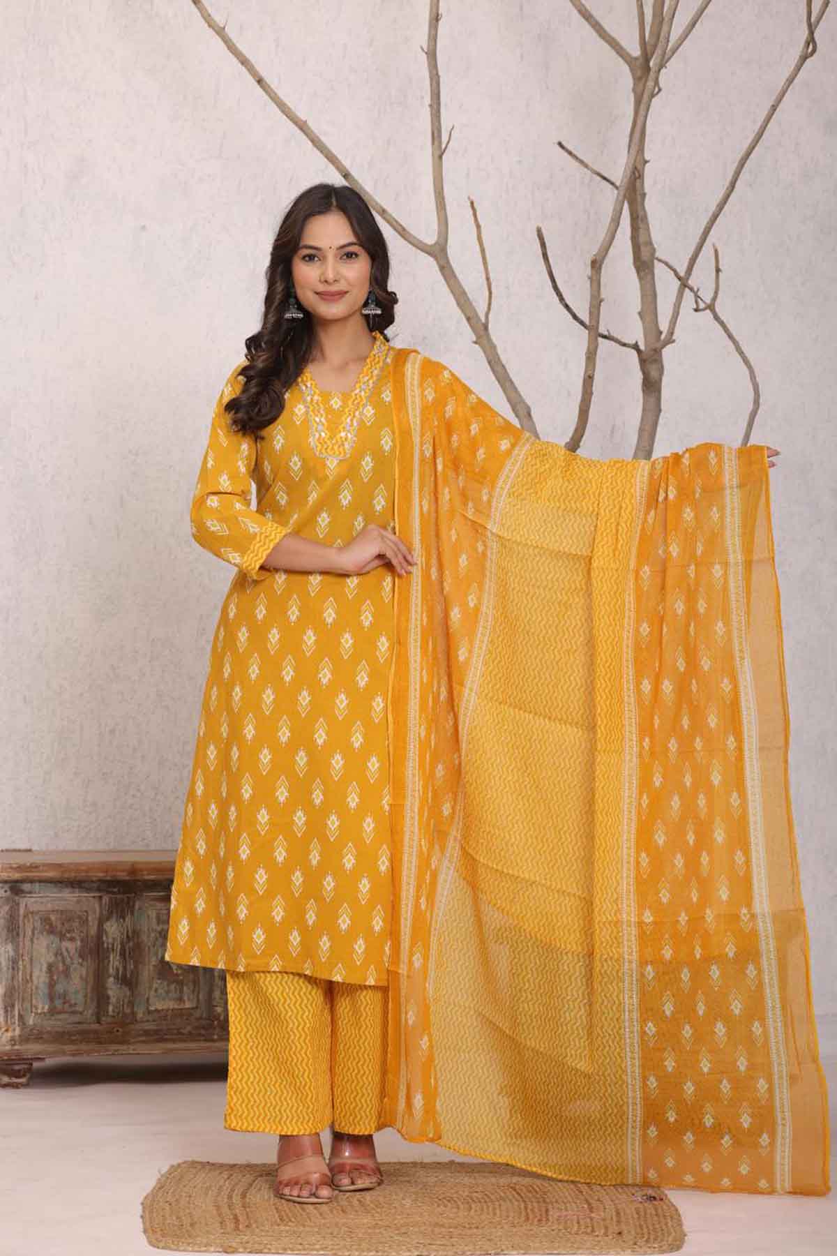 mustard glow ikat kurti set with dupatta  for festive & daily wear