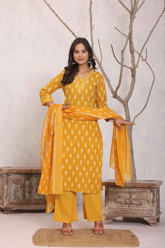 mustard glow ikat kurti set with dupatta  for festive & daily wear
