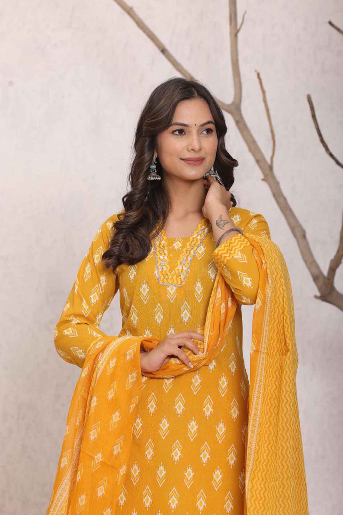 mustard glow ikat kurti set with dupatta  for festive & daily wear