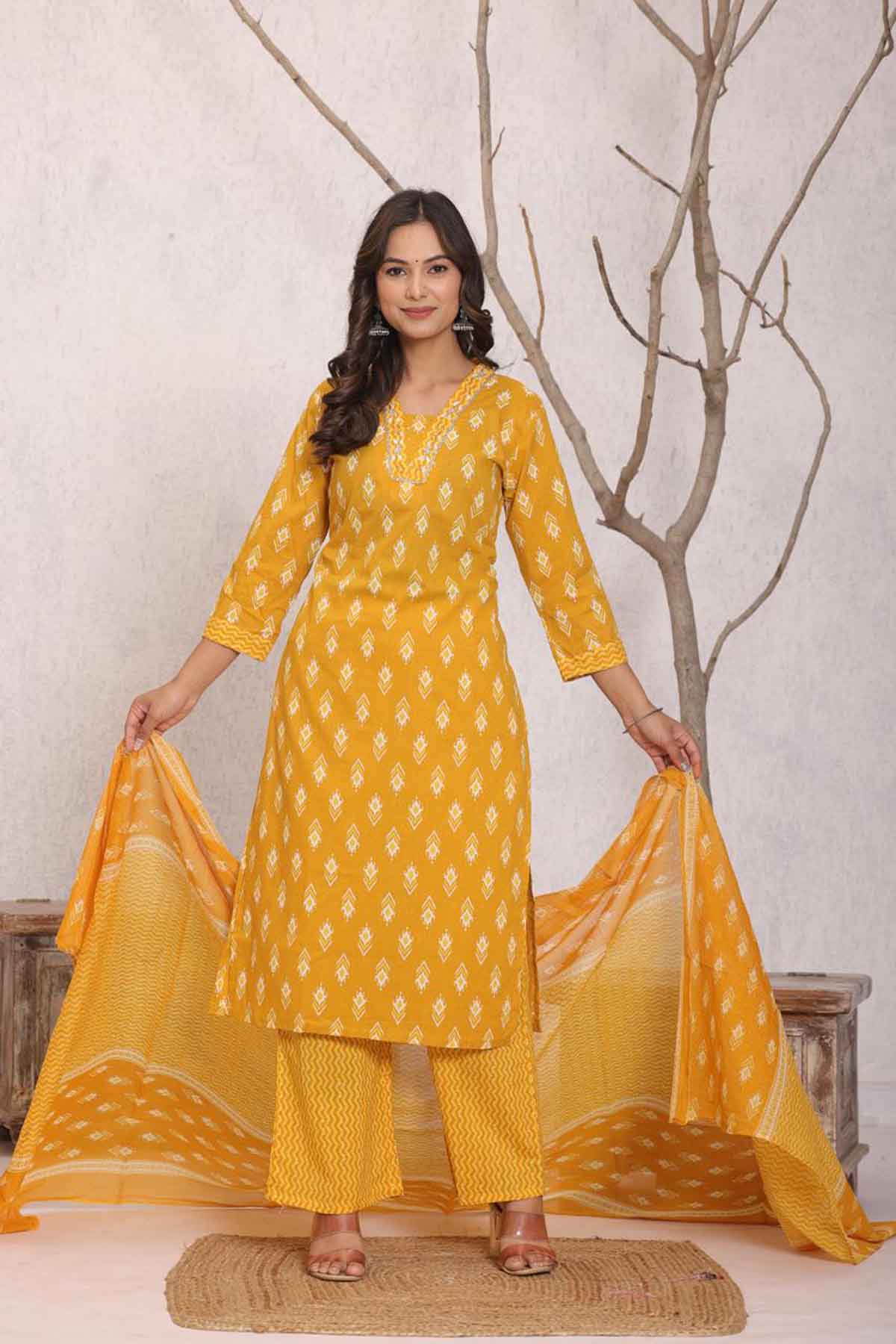 mustard glow ikat kurti set with dupatta  for festive & daily wear