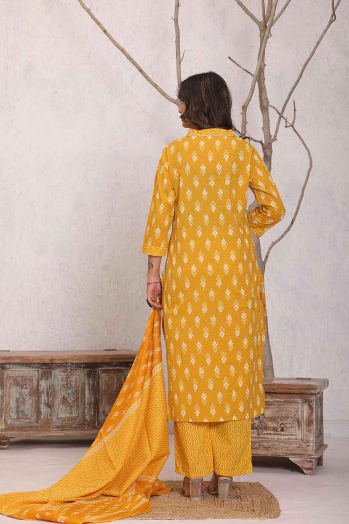 mustard glow ikat kurti set with dupatta  for festive & daily wear