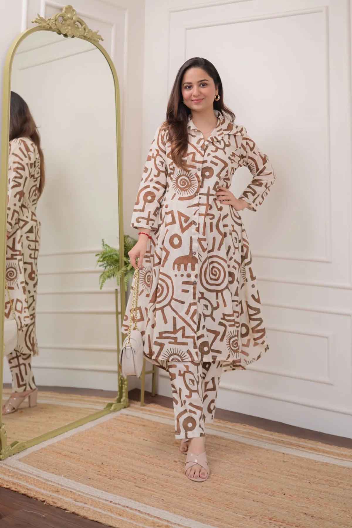 rustic brown handblock off white co-ord set