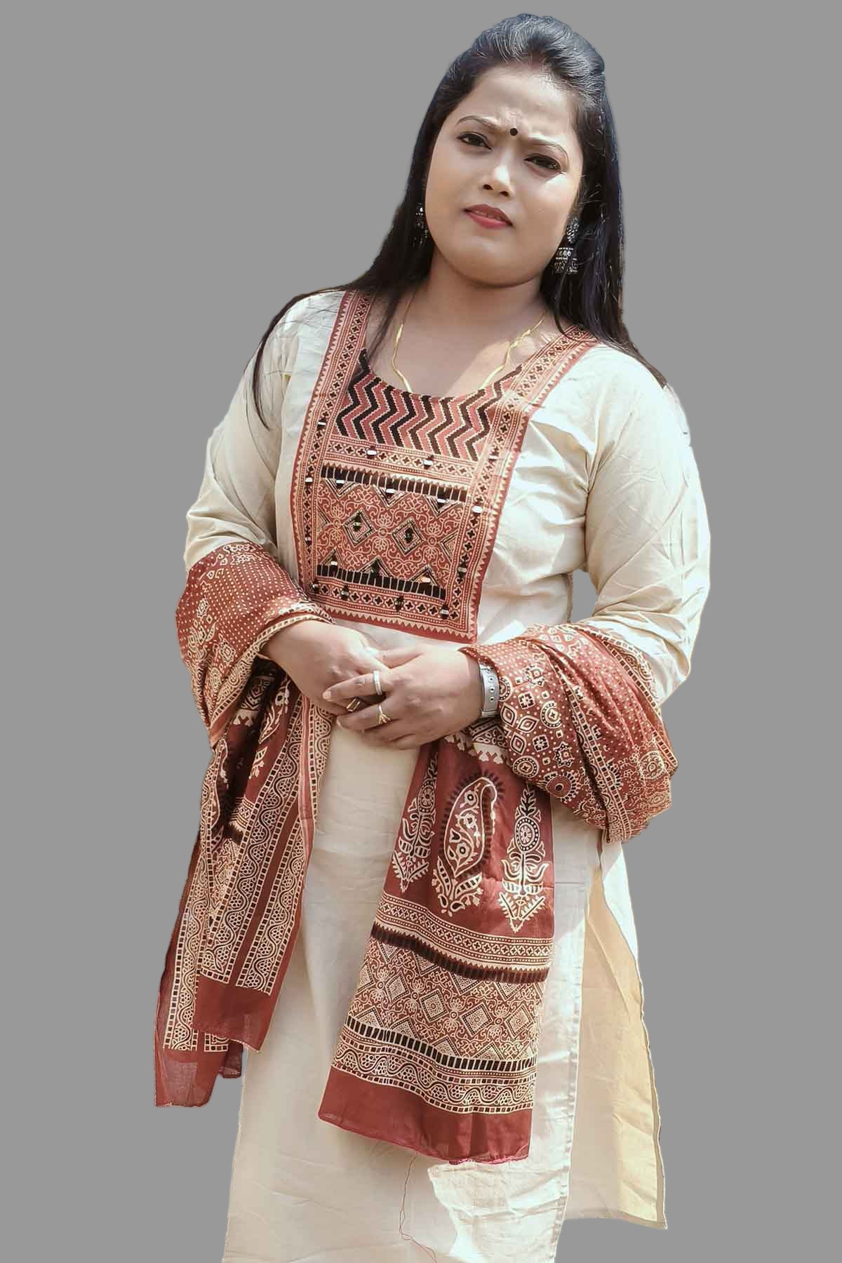 trendy beige color kurti set with rust red patch design