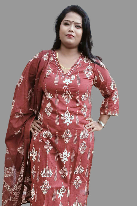 designer maroon  cotton kurti set with stylish mirror embellishments