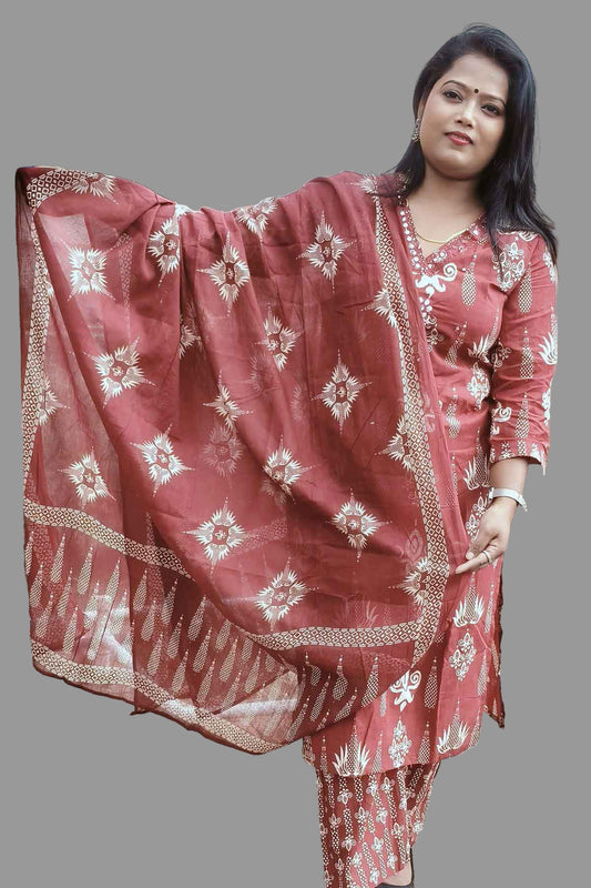 designer maroon  cotton kurti set with stylish mirror embellishments