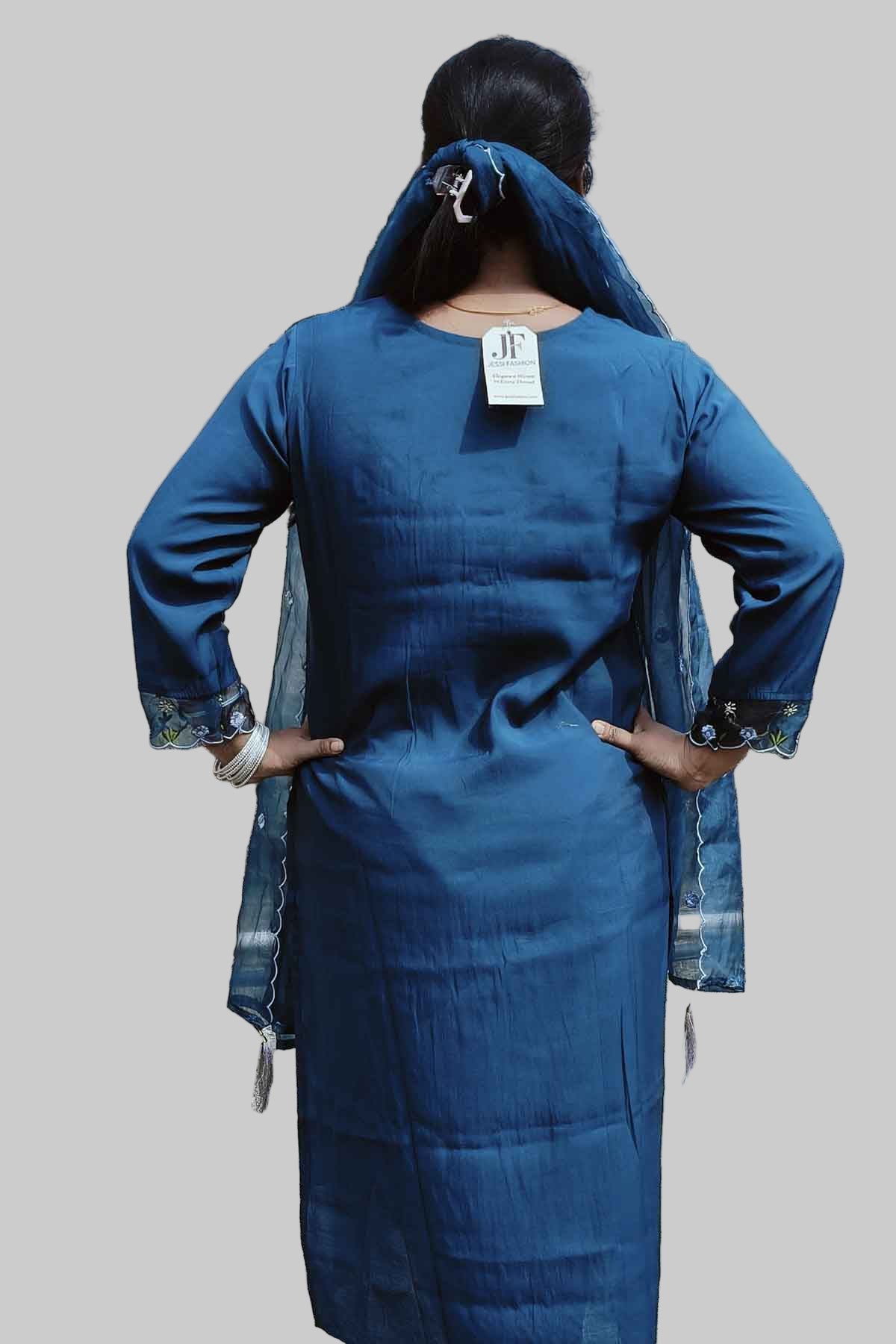 elegant teal blue kurti set with lace detailing