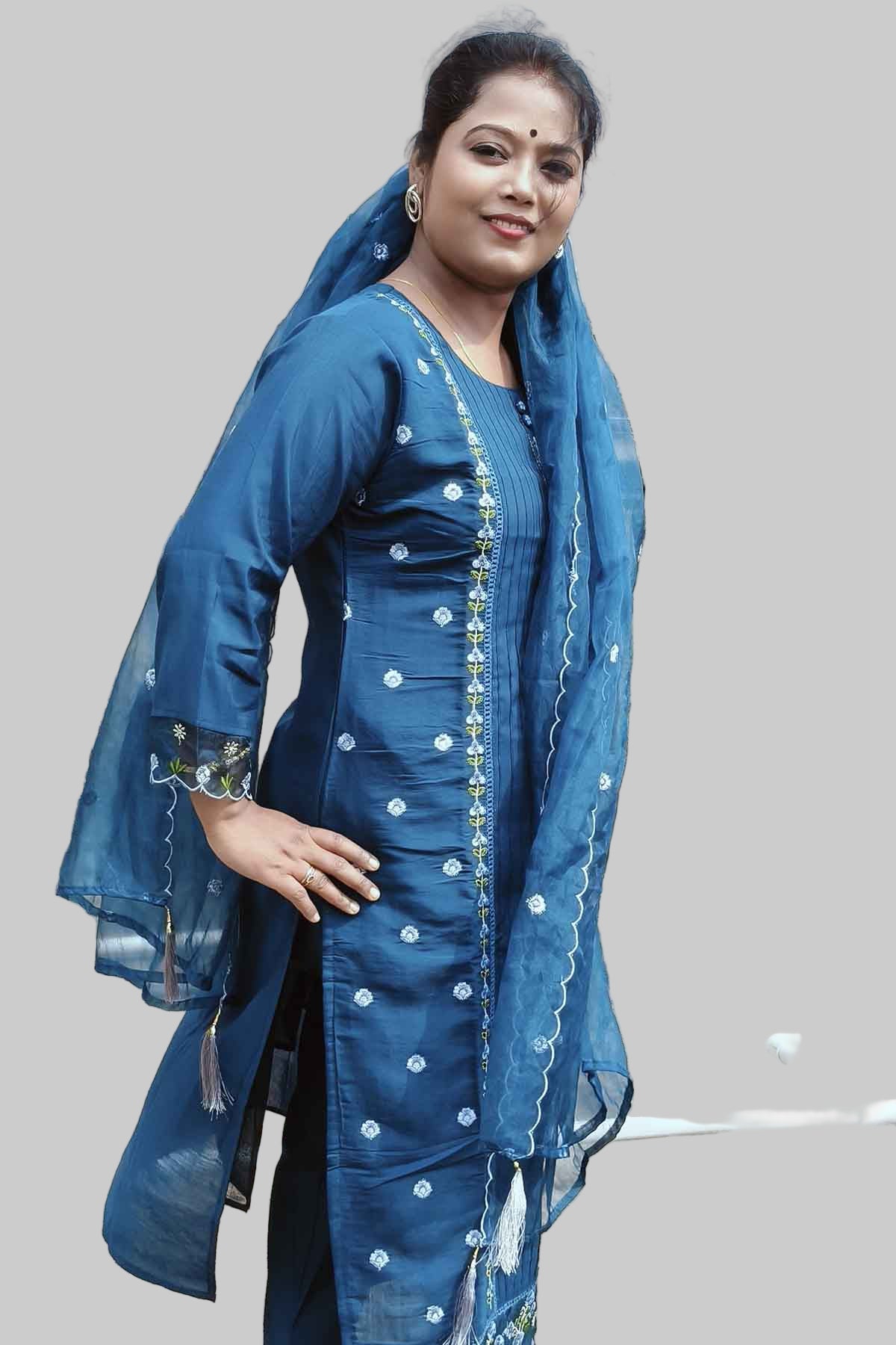 elegant teal blue kurti set with lace detailing