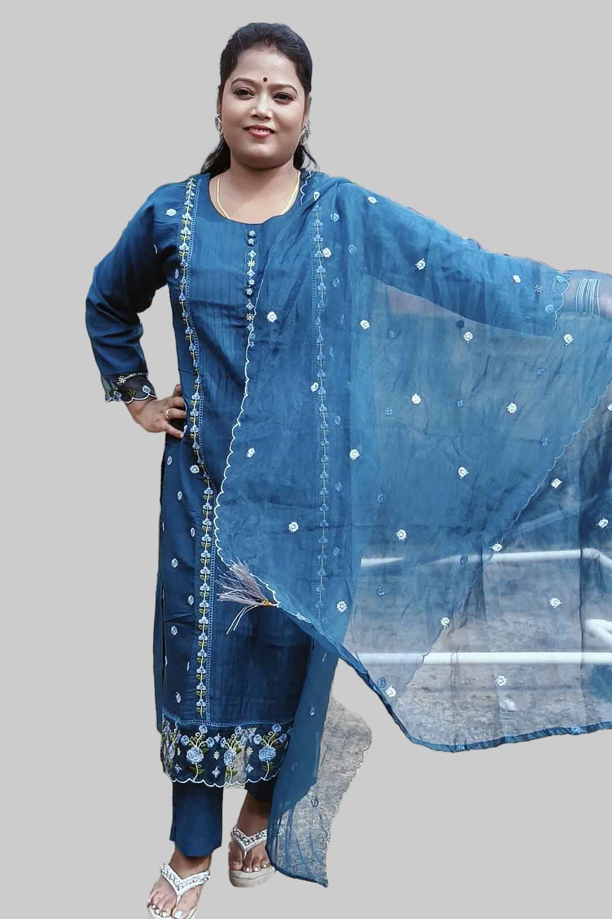 elegant teal blue kurti set with lace detailing