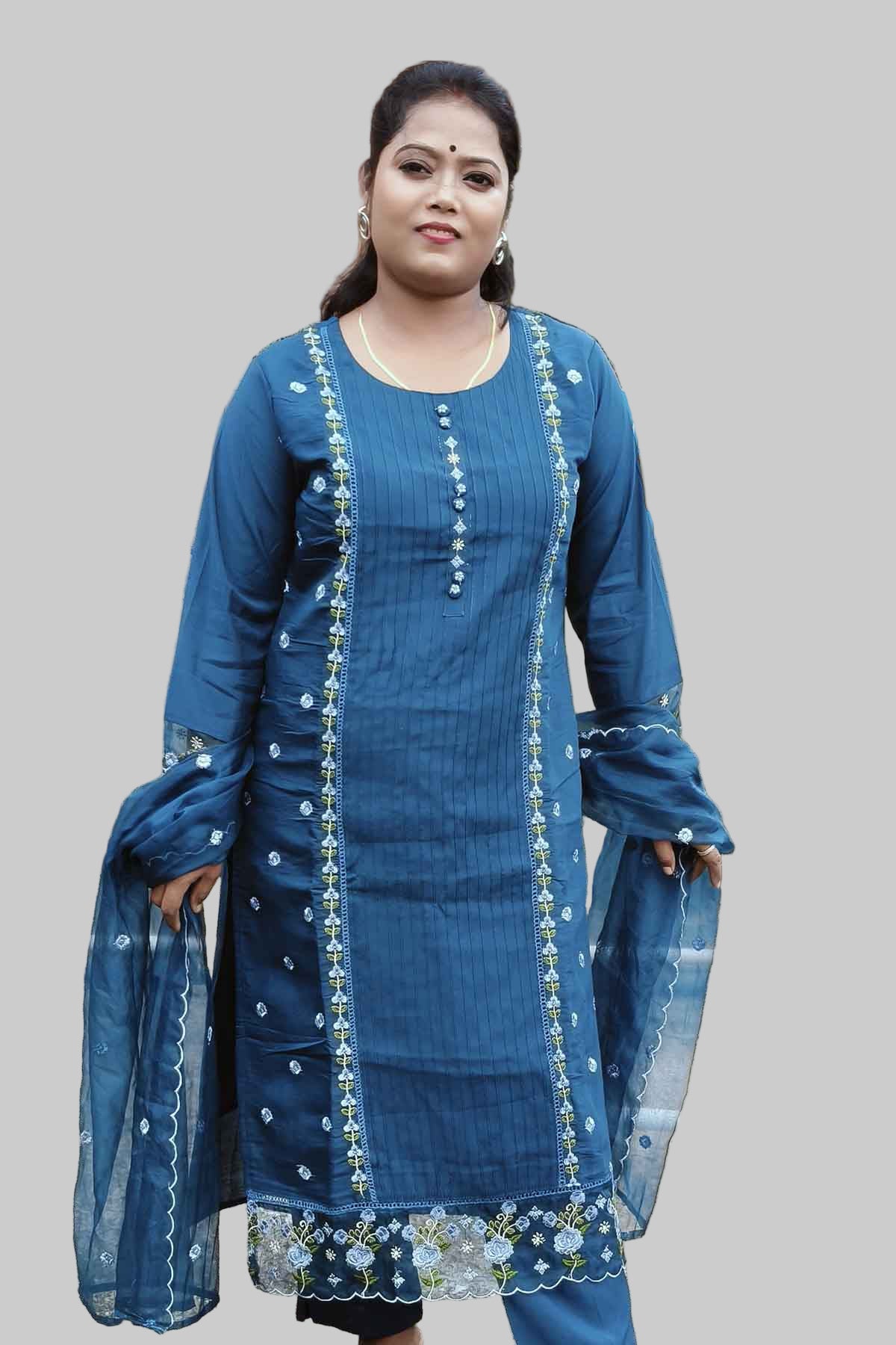 elegant teal blue kurti set with lace detailing
