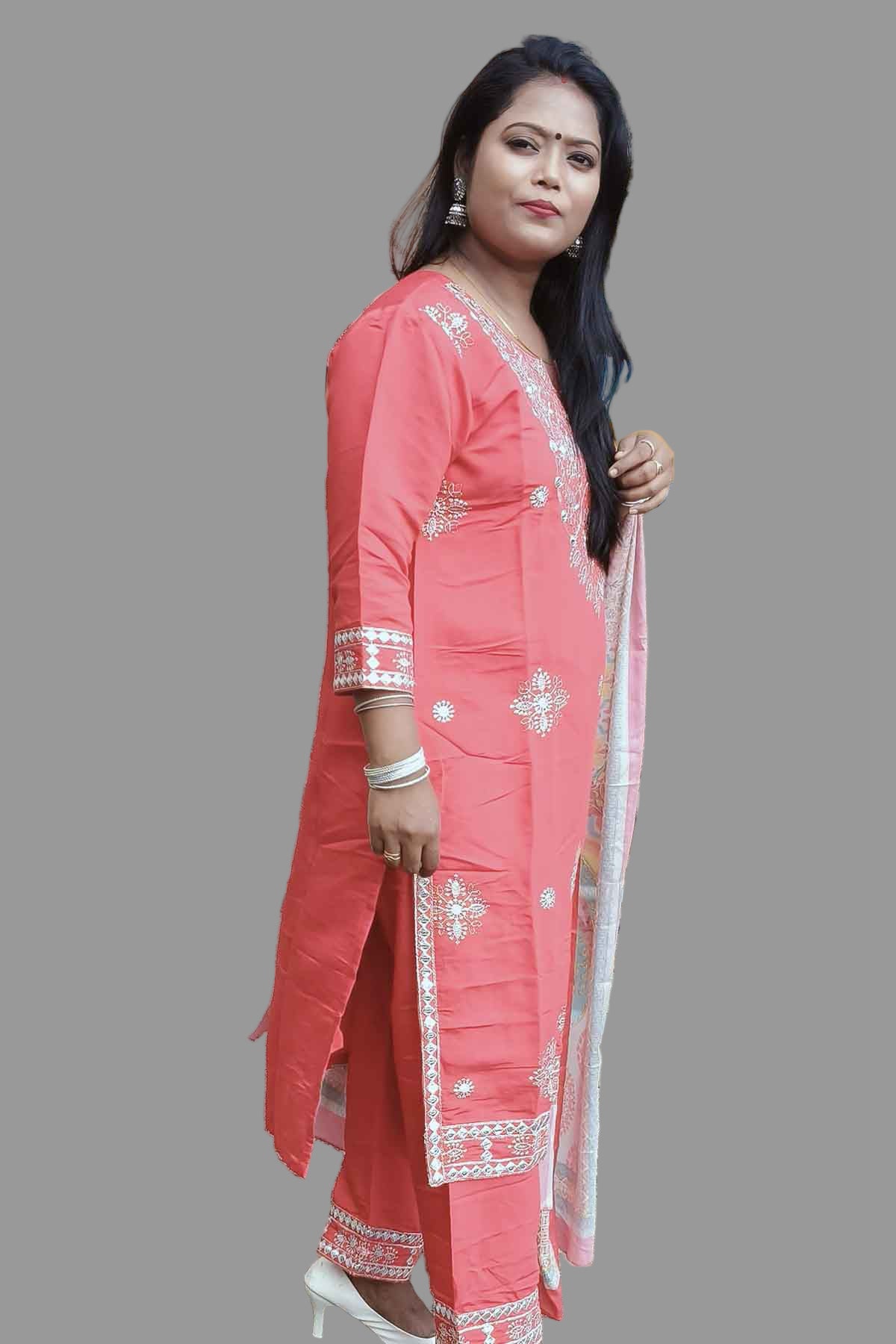 festive red kurti set with shimmering silver work
