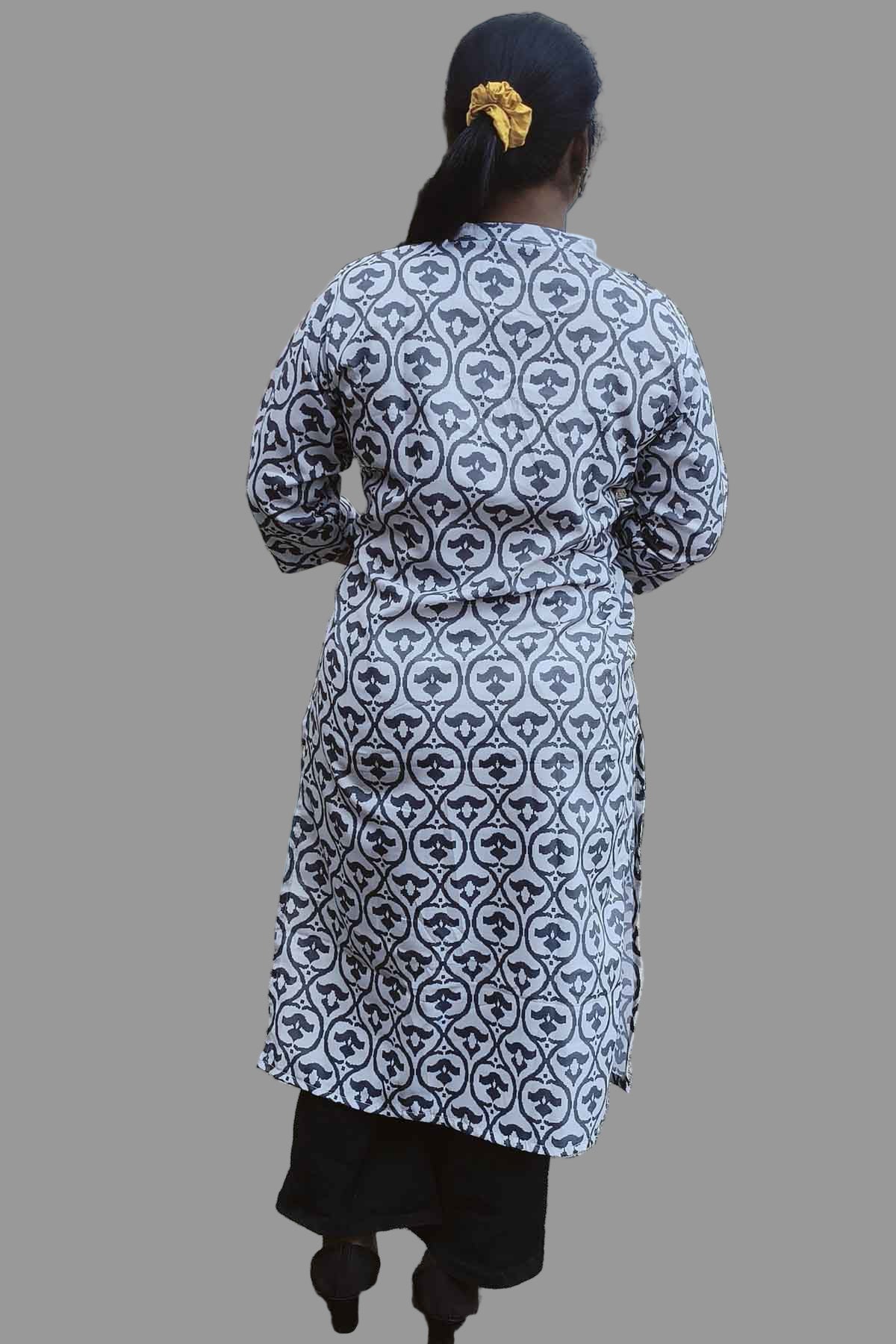 elegant white & grey ikat printed kurti with pocket