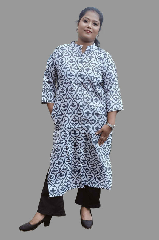 elegant white & grey ikat printed kurti with pocket