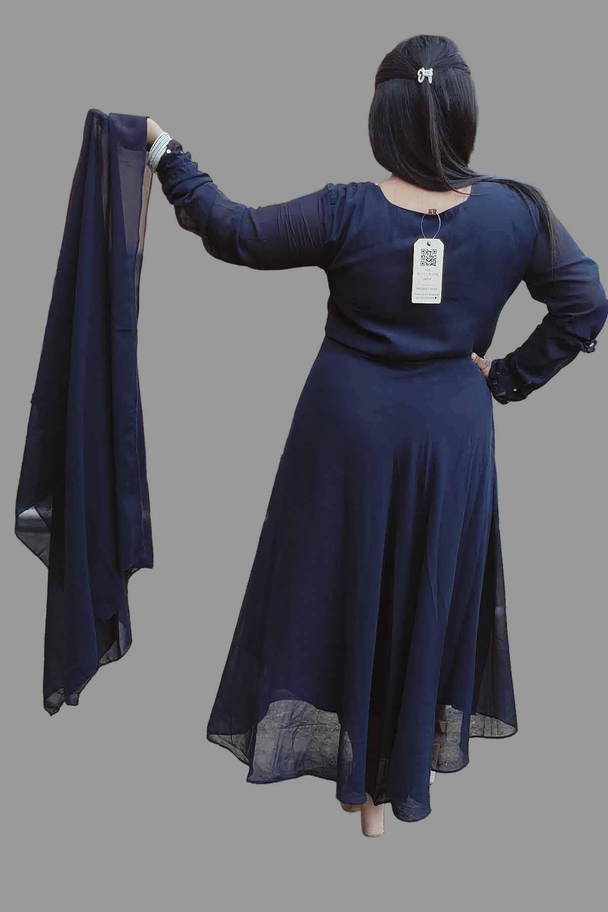 blue anarkali kurti & dupatta with mirror sequin