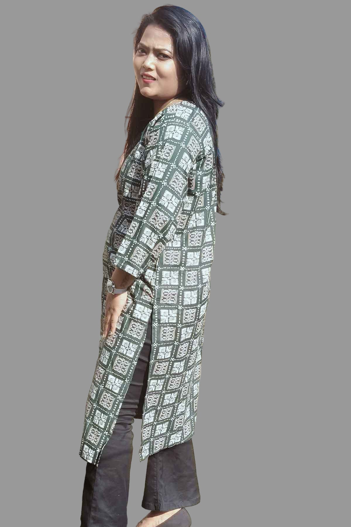 trendy dark green block print kurti