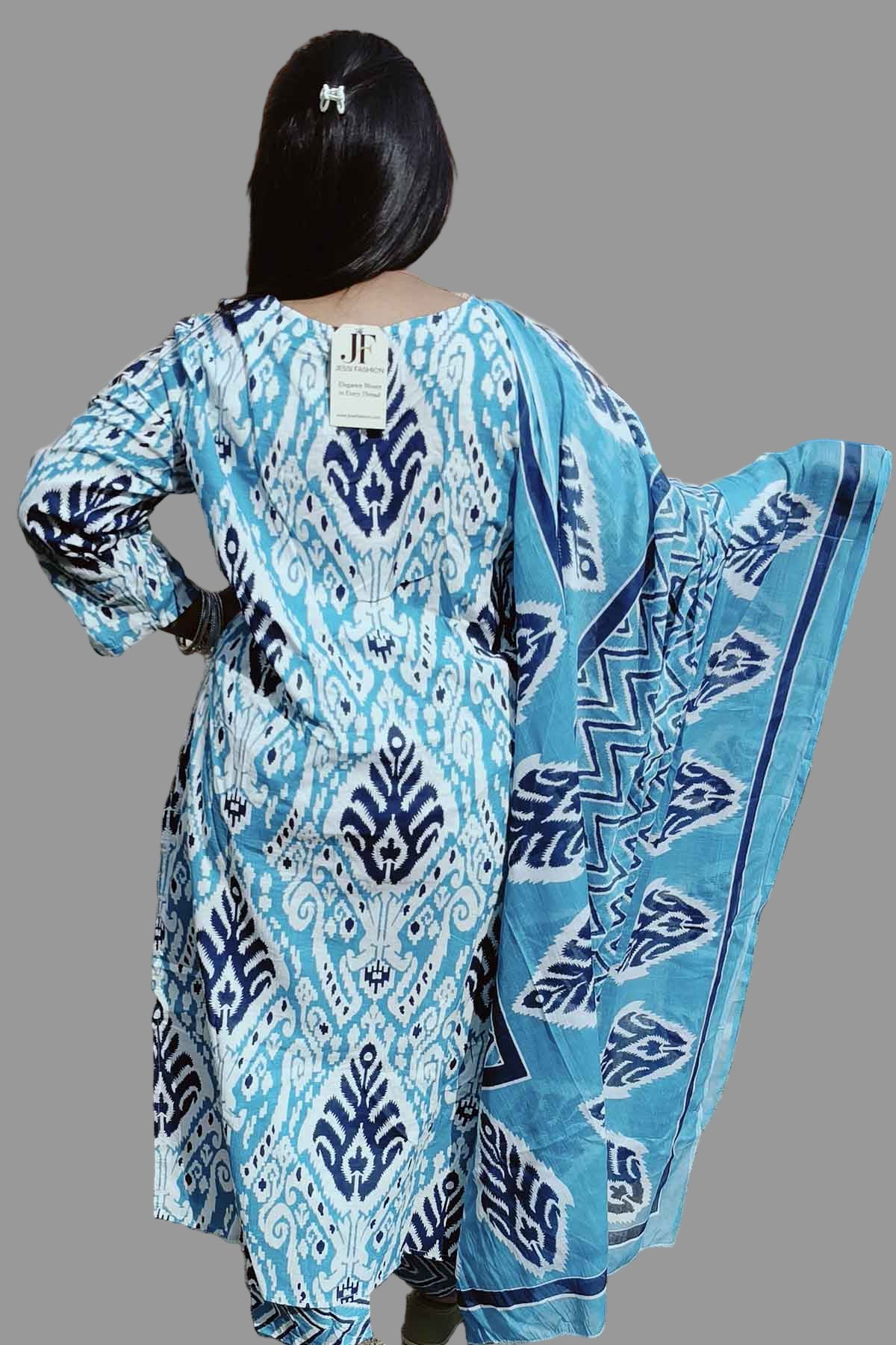 blue cotton kurti set with neckline mirror work