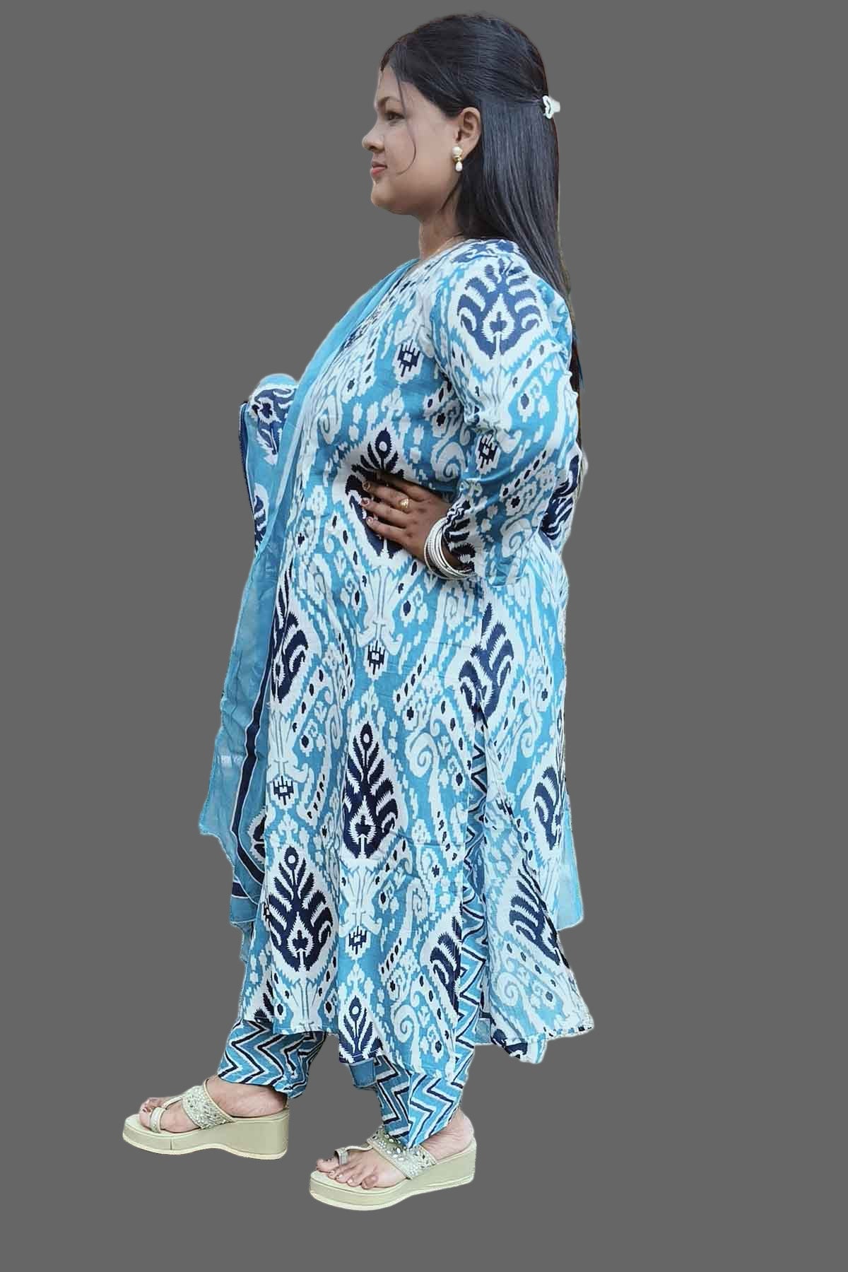 blue cotton kurti set with neckline mirror work