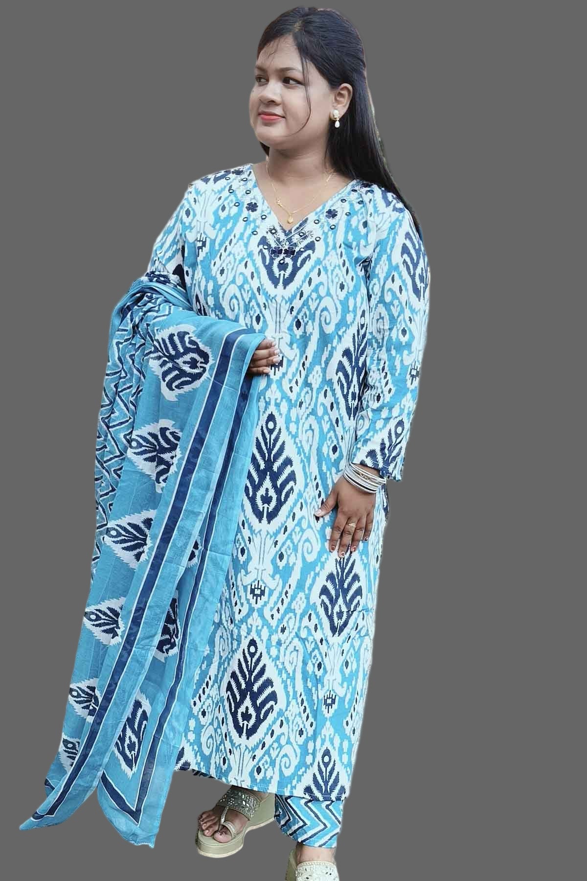 blue cotton kurti set with neckline mirror work