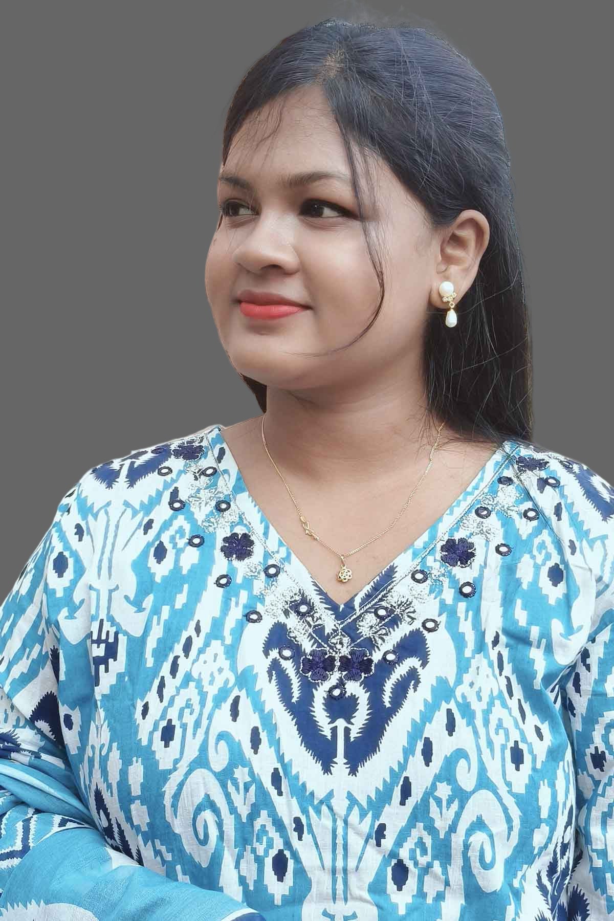 blue cotton kurti set with neckline mirror work