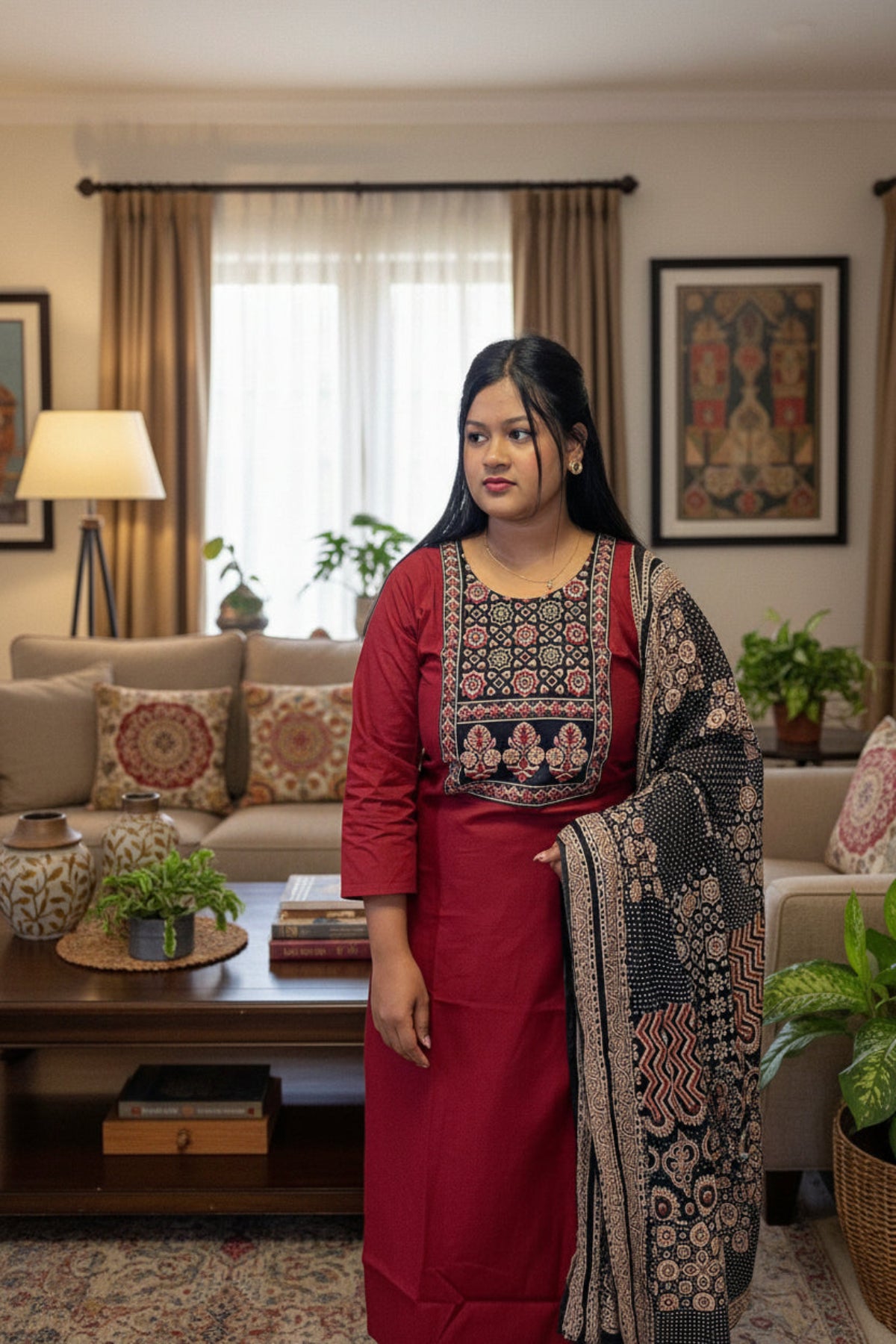 designer maroon kurti with floral motifs