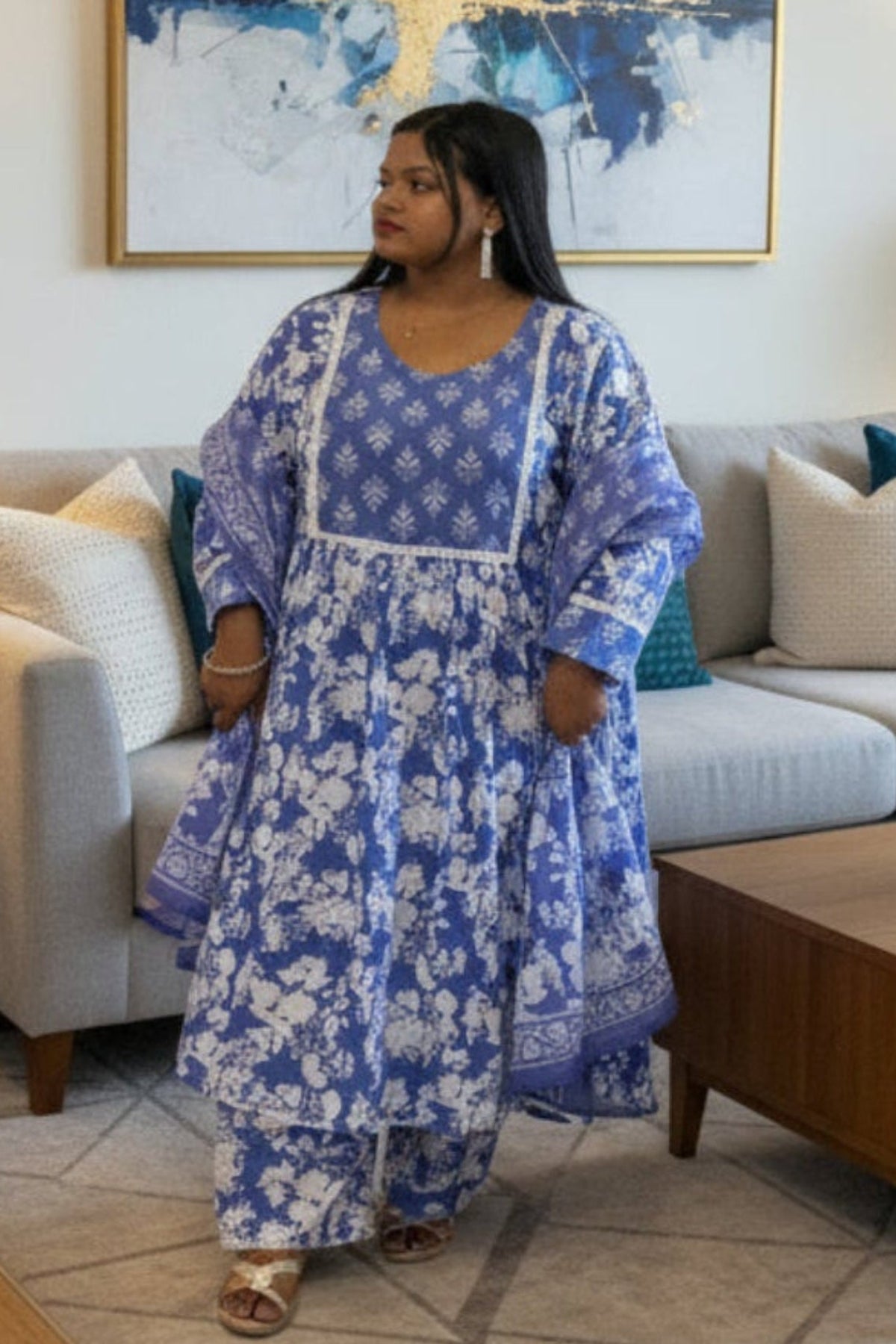 elegant sky blue cotton kurti with white print & sequin work