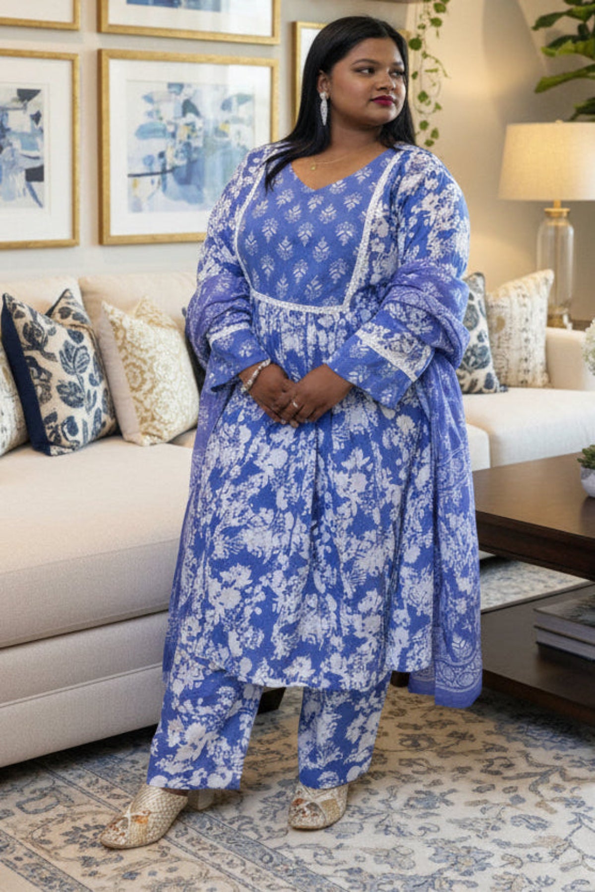 elegant sky blue cotton kurti with white print & sequin work