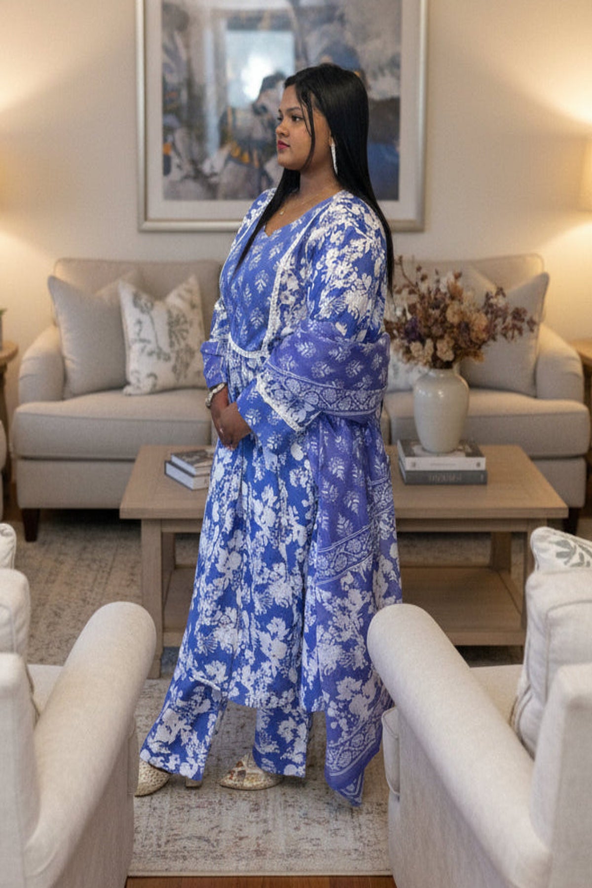 elegant sky blue cotton kurti with white print & sequin work