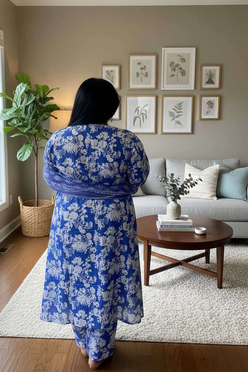 elegant sky blue cotton kurti with white print & sequin work