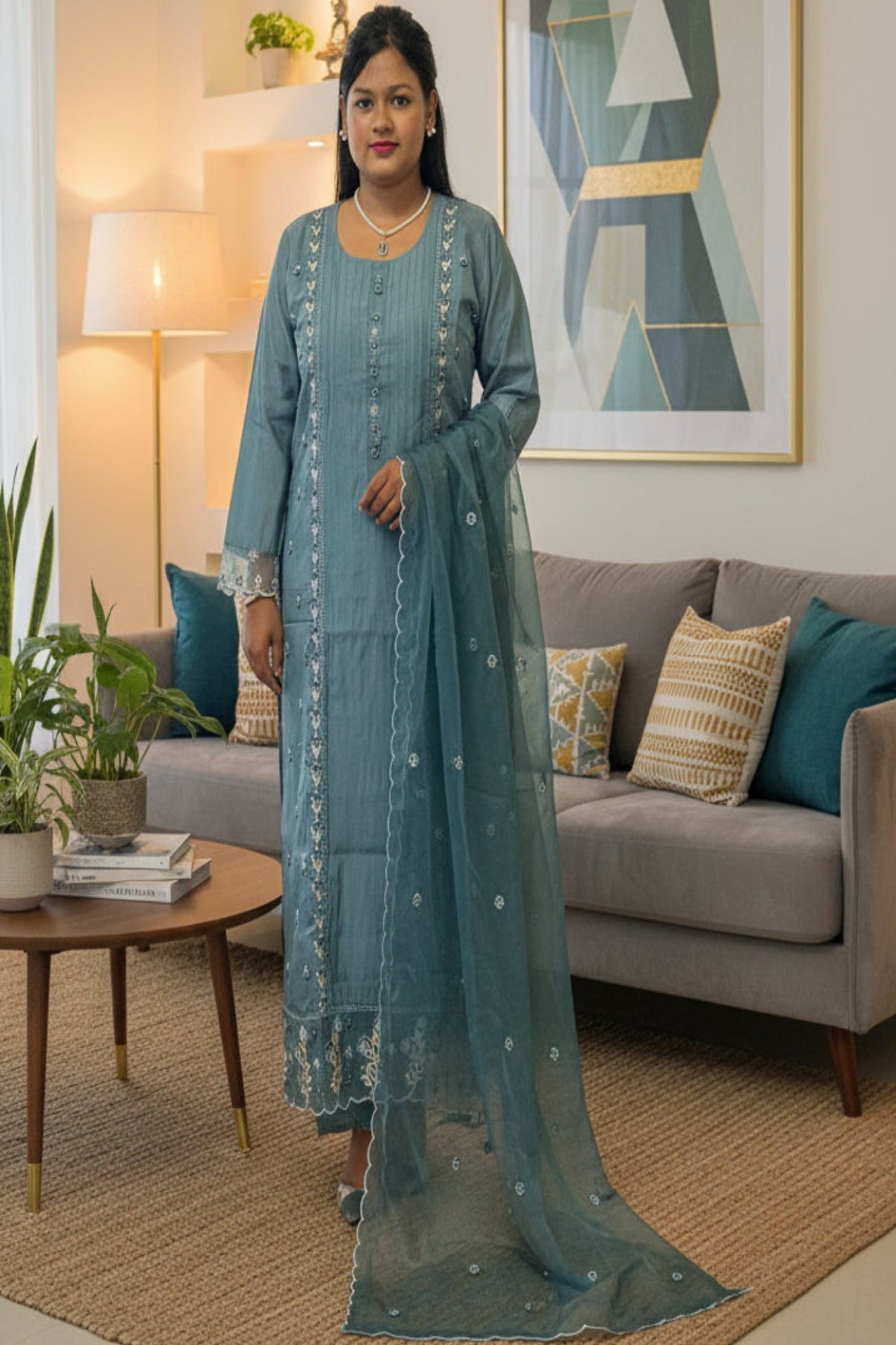 Teal green pintuck kurti with floral buttons & tread work