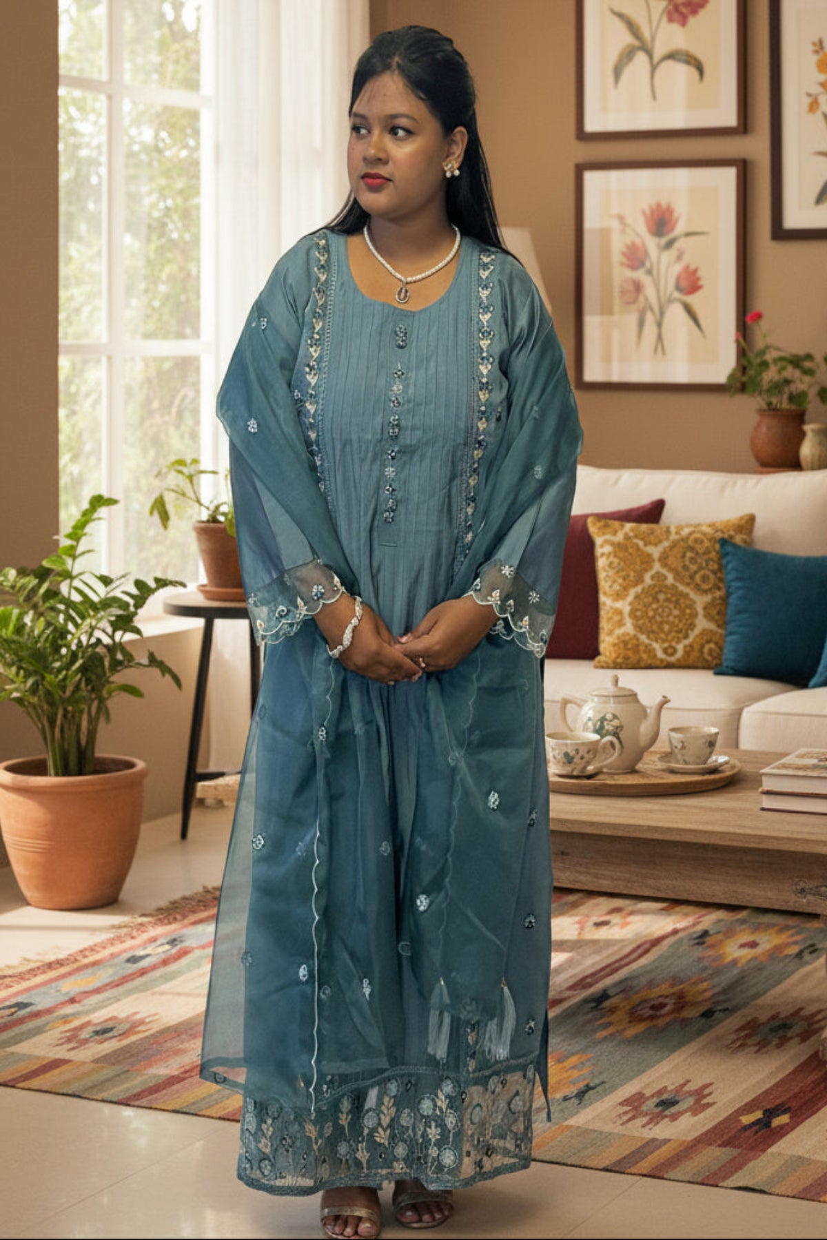 Teal green pintuck kurti with floral buttons & tread work