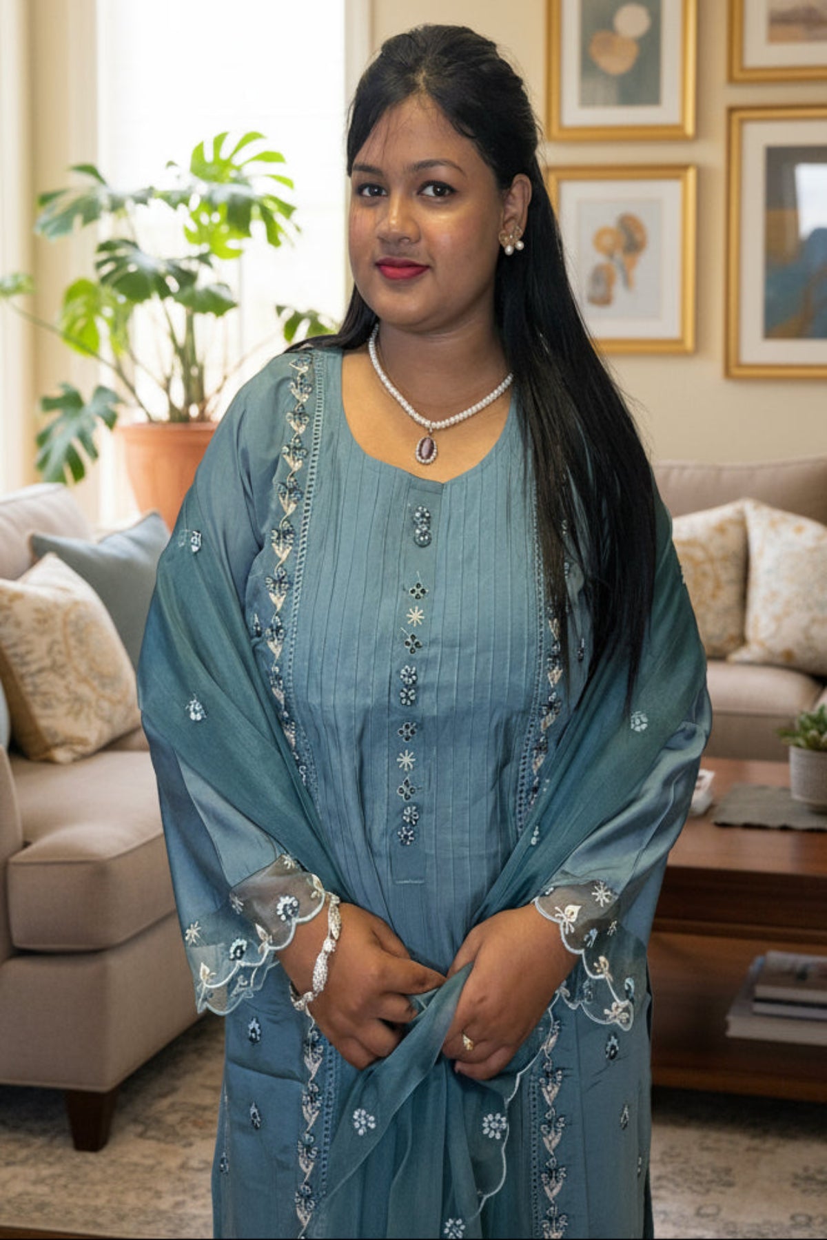 Teal green pintuck kurti with floral buttons & tread work